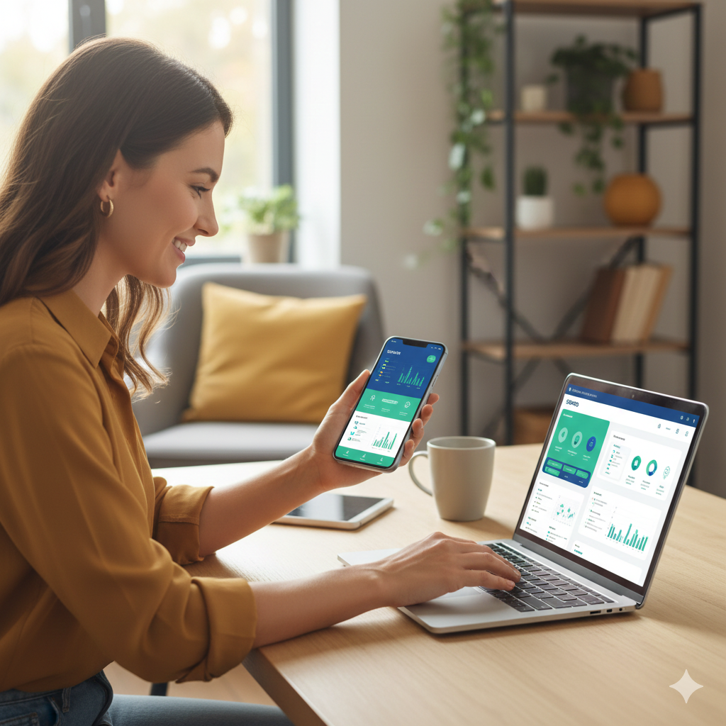 Empreendedora usando Notebook e Celular.