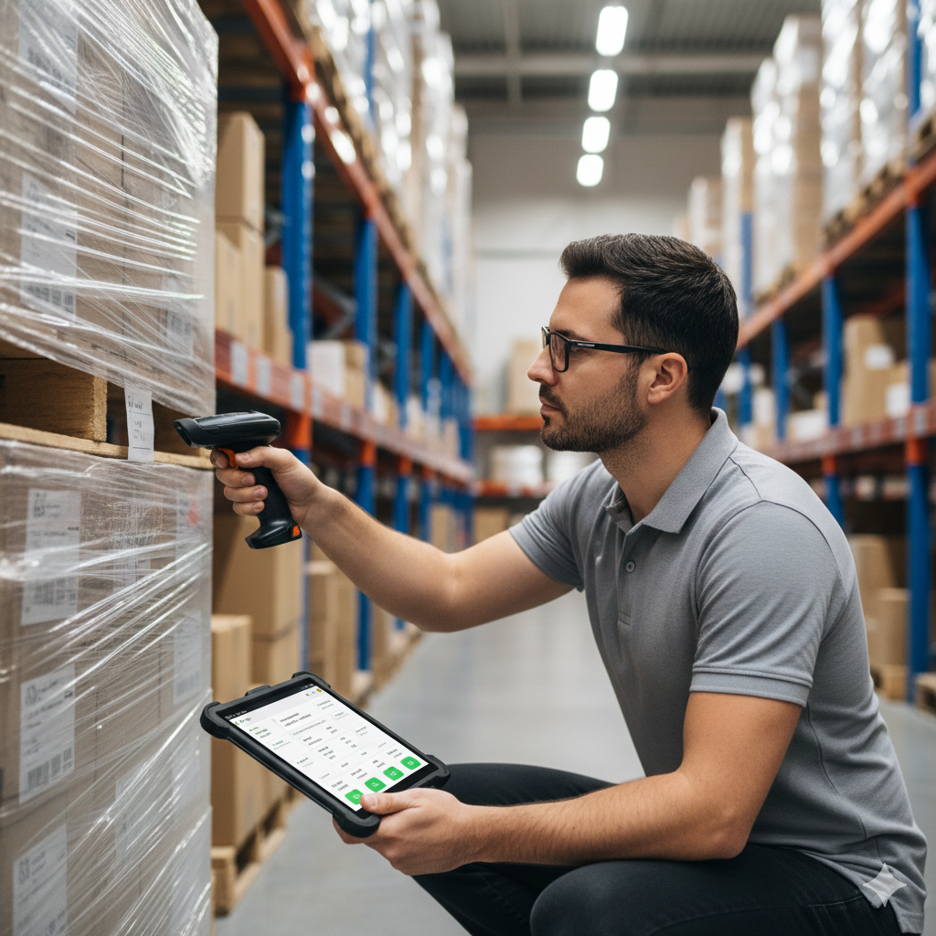 Profissional gerenciando estoque com leitor de código de barras e tablet.
